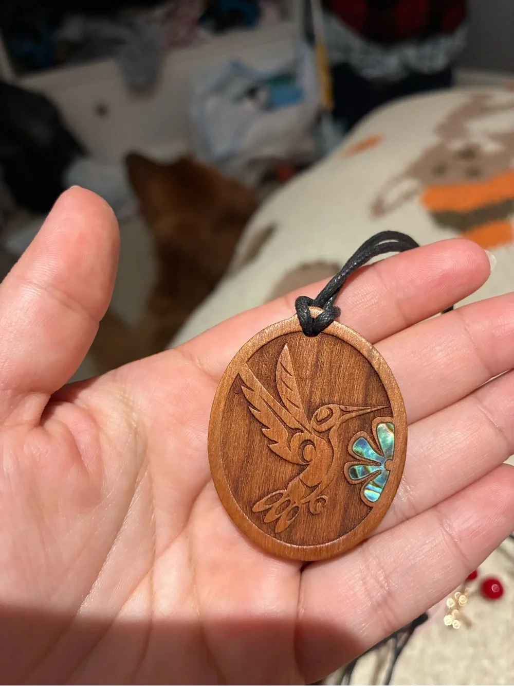 Hand Carved Hummingbird Wood Pendant Necklace by Artist Lou-ann Nee